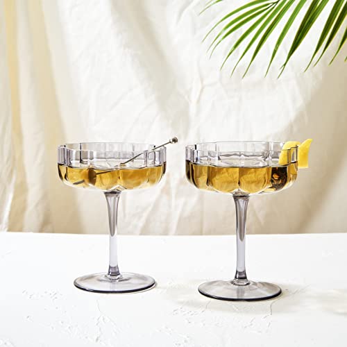 Flower Vintage Wavy Petals Wave Glass Coupes 7Oz Colorful Cocktail, - Set Of 2 - Rippled & Champagne Glasses, Prosecco, Martini, Mimosa, Cocktail Set, Bar Glassware Copyright & Patent Pending (Smoke) #TOP1