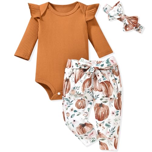 Image of Aalizzwell Preemie Newborn Infant Baby Girls Clothes Ribbed Romper Bodysuit Pants Set Fall Winter Outfits