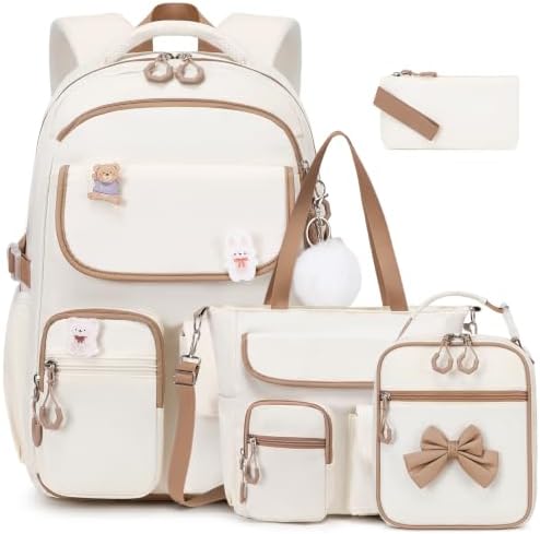 ACESAK Girls Backpack - 4PCS Backpack for Girls with Tote Bag Cute School Backpacks for Kindergarten Elementary Preschool Middle Kids School Bags with Lunch Box Pencil Case Set(Beige khaki)