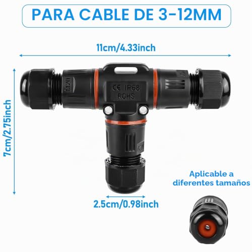 Miniatura 2 de 6 Conectores De Cable De 3 Polos, Resistentes Al Agua Ip68, Conector De Cable En Forma De T, Resistente Al Agua De 3 Pines, Manguito De Conexión Para Cable De 3 A 12 Mm De Diámetro, Caja De Derivación