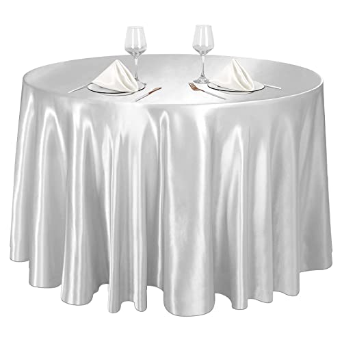 Ruisita 120 Inches Round Satin Tablecloths Silver Overlay Round Satin Table Cover Bright Silk Tablecloth Smooth Fabric Tablecloth for Wedding Banquet Table Decoration by Ruisita - Used condition - US$17.09