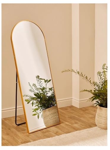 Image of HD Glass Metal Floor Mirror with Stand for Living Room, Full-Length Mirror for Bedroom, Standing Mirror, Glam Gold, 18W x 60L Shape Abstract
