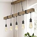 LALUZ Kitchen Island Lighting, 5-Light Farmhouse Linear Chandeliers for Dining Room, 35.5'' Rustic Faux Wood Island Lights for Kitchen
