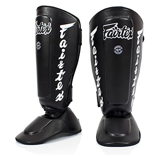 Fairtex SP7 Muay Thai Shin Guards for Men, Women, Kids | Shin Guards Made with Syntek Leather & are Premium, Lightweight & Durable | Detachable shin & Foot Protector- Medium, Black