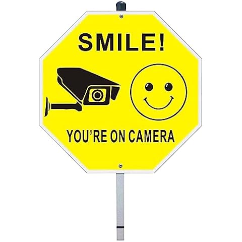 HEIOKEY 10 x 10 Inch Smile You're on Camera Sign with Stake, Video Surveillance Signs Outdoor with Pole - Aluminum Security Camera Sign - Security Surveillance Yard Lawn Sign for Home Busines (Yellow) Cover