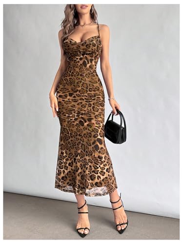Image of Floerns Women's Leopard Draped Halter Neck Dress Criss Cross Tie Back Party Midi Dress