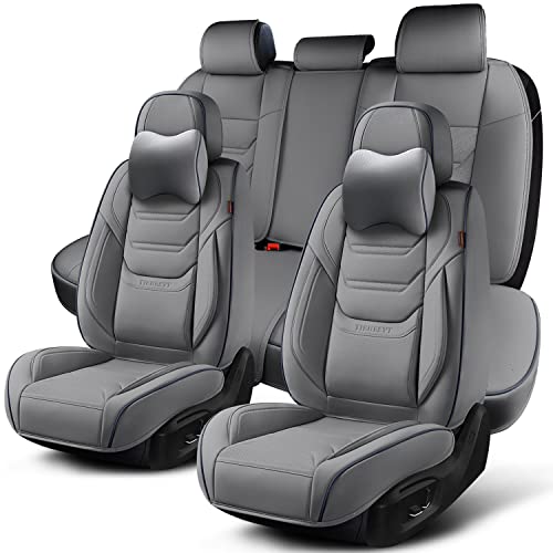 Image of TIEHESYT Gray Car Seat Covers Full Set, Breathable Leather Automotive Front and Rear Seat Covers & Headrest for Reduce the Driving Fatigue, Compatible with Most Vehicles, Cars