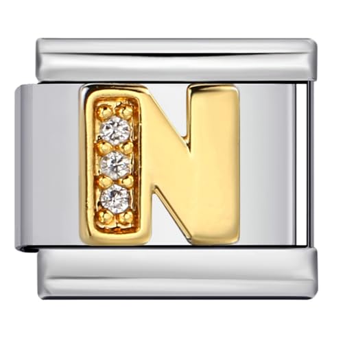 Image of DIY Italian Charm Bracelet Alphabet Links, Stainless Steel A-Z Letter Charms with Crystals, Gold Tone Initial Charms for 9mm Modular Bracelets (N)