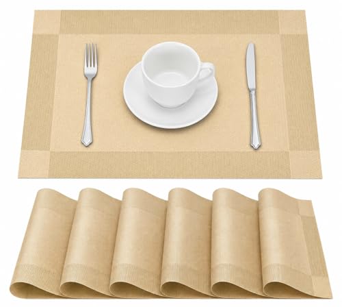 Image of PVC Dining Table Placemats Set of 6 | Washable Heat Resistant Non-Slip Table Mats for Dining Table | Woven Vinyl Place Mats for Home, Kitchen & Restaurant | 45 x 30 CM (Golden, Classic)