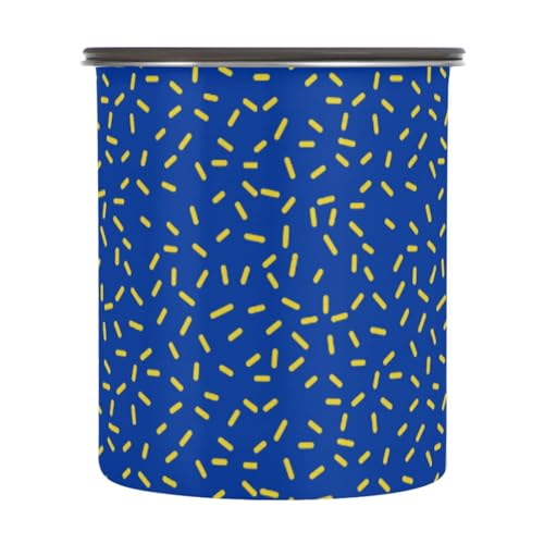 Amooorous Contenedores de alimentos con tapa de acero inoxidable con diseño de rayas amarillas con fondo azul y botón pulsador