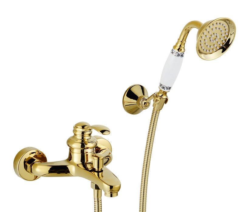 Robinetterie baignoire dorée avec mitigeur mural et pommeau téléphone