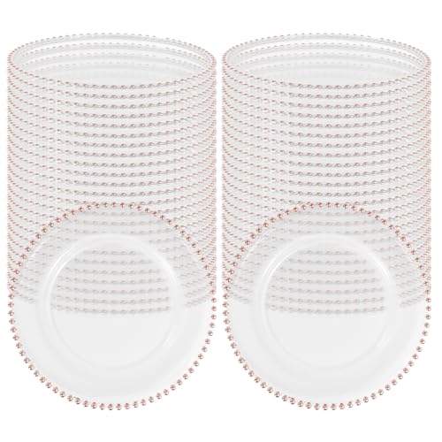 FXKS 50 PCS Clear Round Charger Plates with Beaded Rim, 13 Inch Plastic Acrylic Plate, Plastic Round Beaded Dinner Decorative Service Plates for Wedding Party Event, Home Kitchen Tabletop(Pink) by FXKS - Used condition - US$67.47