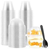 LOLYSIC 100 tazas de postre de plástico con tapas y cucharas, macetas de postre de plástico reutilizables de 180 ml, tazas redondas transparentes para servir pudín, tarta de queso, frutas, yogur