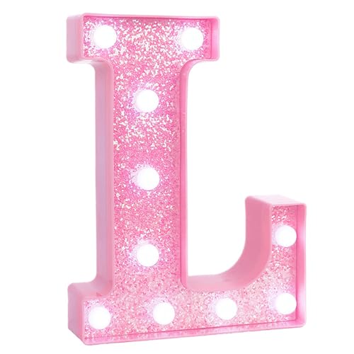 Image of Pink Marquee Light Up Letters, Glitter Alphabet LED Letter Lights for Pink Birthday Party Decorations, Battery Operated Letter Sign for Girls Room Vanity Table Decor, Cool White Lights Letter L
