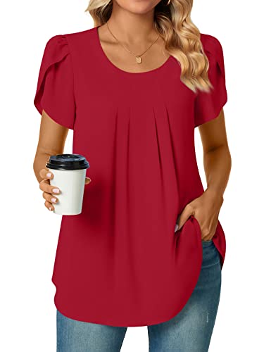 Bestbee Womens Dressy Chiffon Blouses Shirts Petal Short Sleeve Tunic Tops Summer Crewneck Casual T-Shirts With Pleated Strech, M, Red #TOP10