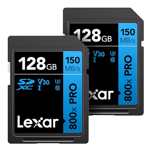 Lexar 128GB (2-Pack) High-Performance 800x PRO SD Card, UHS-I, C10, U3, V30, 4K, Up to 150MB/s Read SDXC Memory Card, for Point-and-Shoot & Mid-Range DSLR Cameras, HD Camcorders (LSD0800P128G-B2NNU)