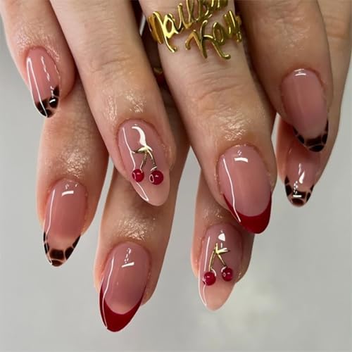 OuryTech Press On Nails, 24 Nails to Stick On Almond Shape, 3D Cherry Design with Gold Branch Red French Tips Leopard Pattern Artificial Nails for Women