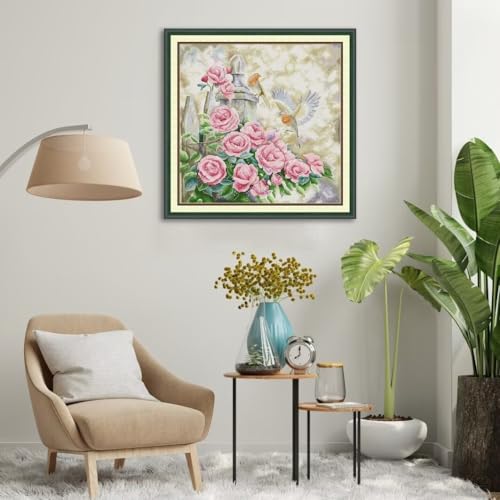 Image of CROSSDECOR Stamped Cross Stitch Kits Full Range of DIY Needlepoint for Adult Beginners Pattern, for Gift and Home Decor 14CT 2 Strands Summer Garden,17.72x17.32 inch