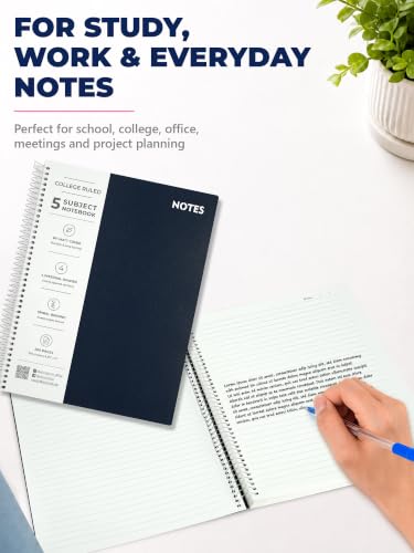 Image of DOODLE Focus Flow 5 Subject Spiral Notebook Set of 2 | Dark Blue + Dark Blue | 200 Sheets Each, College Ruled Paper | Multi Subject Notebooks with Dividers & Water Resistant Covers