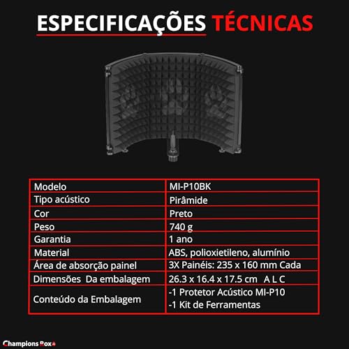 Escudo Acústico Redutor de Ruídos Para MIcrofones Com 3 Paines Dobraveis - Champions Rox - MI-P10BK