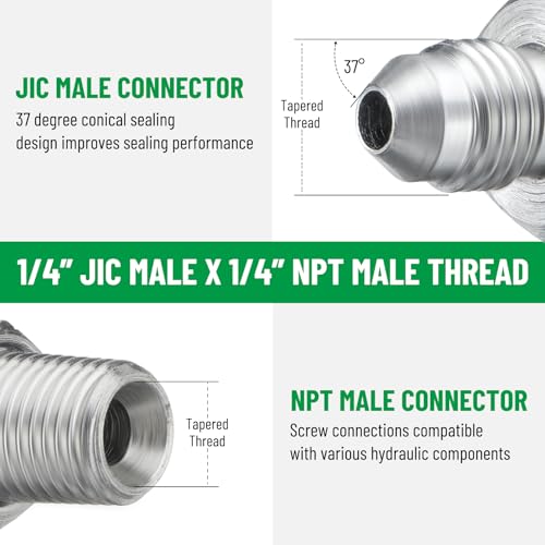 Image of 10 Pack Hydraulic Hose Adapter Fittings: 1 /4 inch JIC 37 Male x 1 /4 inch NPT Male, Straight Tube Connectors with Protection Cover