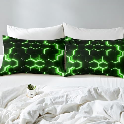 Housse de couette géométrique super king size parure de lit motif hexagonal vert fluo - 7