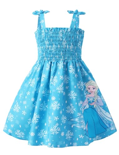 Image of Disney Princess Frozen Elsa Minnie Stitch Toddler Girl Dress Bow Tie Straps Smocked Summer Outfit Birthday Party Clothes 2-9Y