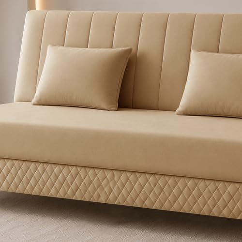 Image of Rosebell Modern 3 Seater Velvet Sofa Cum Bed with Cushion | Premium Upholstered Fabric | Tufted Backrest | Wooden Legs | Living Room Furniture | Golden