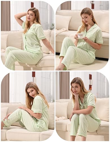 Image of NAP BOUND 100% Cotton Women's Pajama Sets Short Sleeve Button Down Soft Pjs 2 Piece Lounge Set with Pocket Nightwear XS-XXL