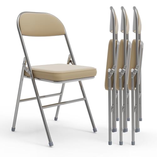 Wohenster 4 Sillas Plegables Acolchadas - Silla Plegable Abatibles con Respaldo y Estructura de Acero, Asiento Auxiliar para el Hogar - Ideal para Cocina, Comedor, Salón, Dormitorio 42x46x80cm Beige
