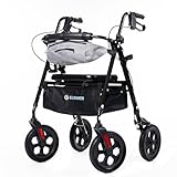 ELENKER All Terrain Rollator Walker with Seat for Seniors, Foldable Rolling Walker, with 10” Big Solid Wheels, Front Pouch, Cup Holder, Fully Adjustment Frame, Black
