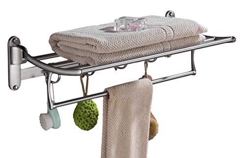 ELLO&ALLO Towel Racks for Bathroom Shelf with Foldable Towel Bar Holder and Hooks Wall Mounted Multifunctional Racks, Brushed Nickel