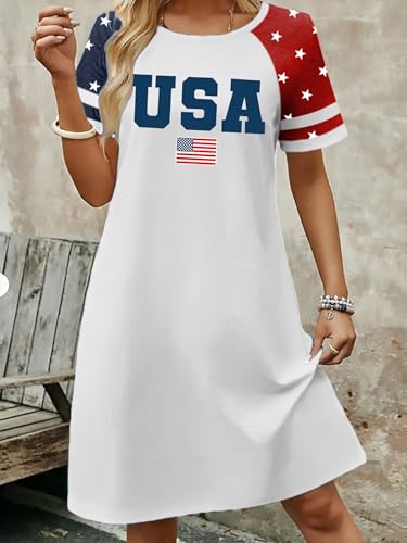 Image of YI XIANG RAN 4th of July Dress Women: American Flag Dresses USA Stars Stripes Shirt Patriotic Tshirt Summer Sundress