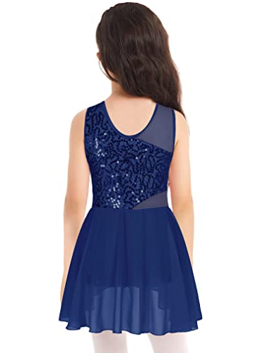 Feeshow Kids Girls Figure Ice Skating Dress Youth Sleeveless Glitter Ballet Dance Gymnastic Leotard Ballerina Dress Navy Blue 6 Years #TOP1