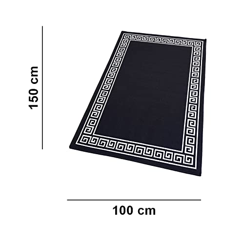 Image of Matz&More Greek Single Line Rug | 100x150 CM | Black White | Soft Nylon Loop Pile with Anti-Slip Gel Backing | Living Room, Bedroom & Office Floor Carpet