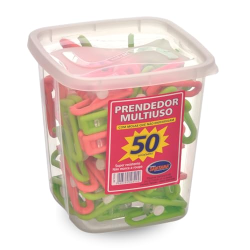 Prendedores Multiuso para Roupas, Plástico, 50 Unidades + 1 Pote