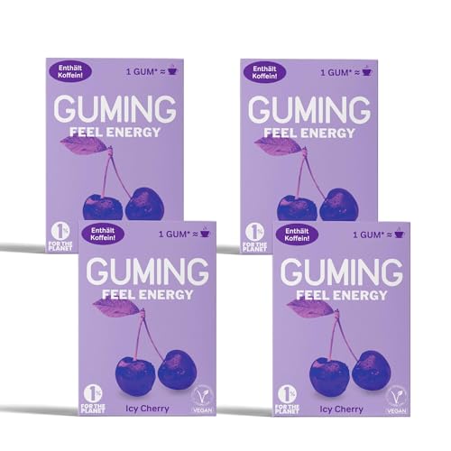 GUMING 40x Energy Kaugummi Icy Cherry mit Koffein/Gum, Guarana, Vitamin C & B6, Vegan, zuckerfrei (40 Stück, Kirsche)