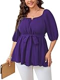 SHESTARR Women's Plus Size Square Neck Peplum Blouses Dressy Tops 3/4 Puff Sleeve Empire Waist Tie Ruffle Hem Babydoll Top Purple