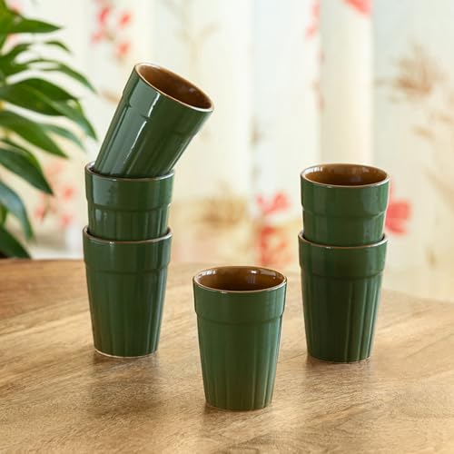 Image of ExclusiveLane 'Forest Canopy' Handcrafted Ceramic Cutting Chai Glasses Set of 6 Tea Glasses Tea Cups Coffee Mug (120 ML, Microwave Safe)