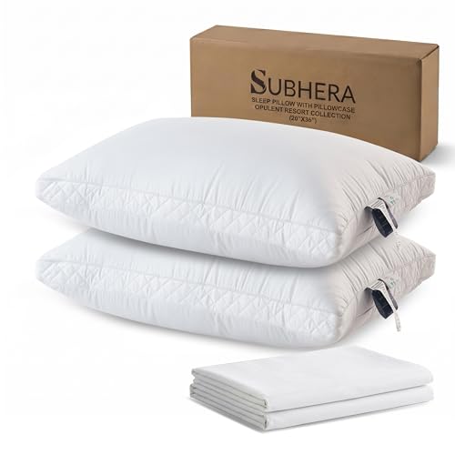 Subhera Organic Hotel Collection Bed Pillows King 20&times;36 Size Pack of 2 with Pillowcase - Soft Down...