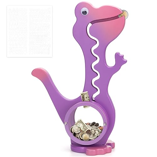 AORCMITN Wooden Dinosaur Piggy Bank for Boys Kids Girls Big Clear Animal Belly Coin Bank Toddler Real Money Toy（Dino-Purple）