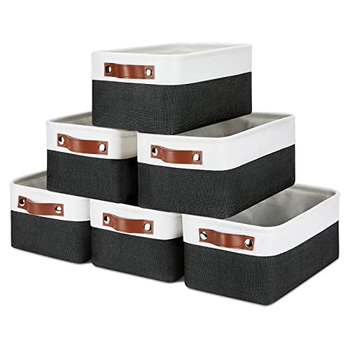 Dullemelo Small Storage Baskets 6 Pack, Fabric Collapsible Gift Storage Baskets For Shelves, Closets, Nursery, Home, Office Organizing,Small Canvas Linen Rectangular Storage Bins (6-Pack, White&Black) #TOP13