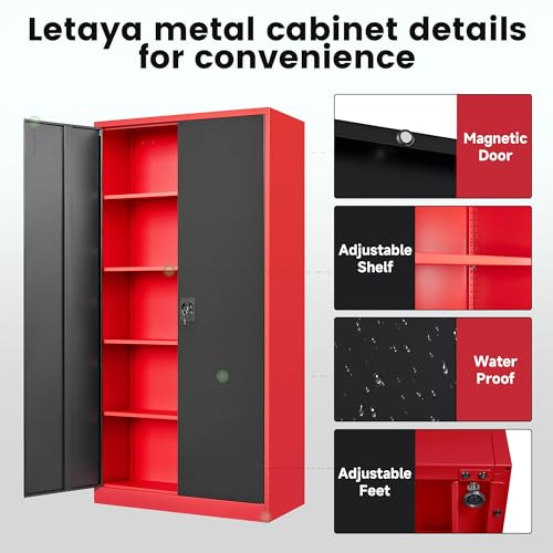 Image of Letaya Metal Storage Cabinets with Lock, 72 inch Tall Locker Organizer Steel Cabinets, Adjustable Layers Shelves 2 Doors for Home, Office, Warehouse,Garage(Black Red)