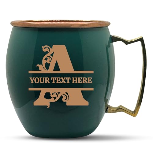 Custom Copper Moscow Mule with Smooth Painted Finish - Engraved Bar Style 100% Copper Cup with Personalized Bold Vine Letter Monogram Themed Engraving, Brass Handle | 18 oz, Green