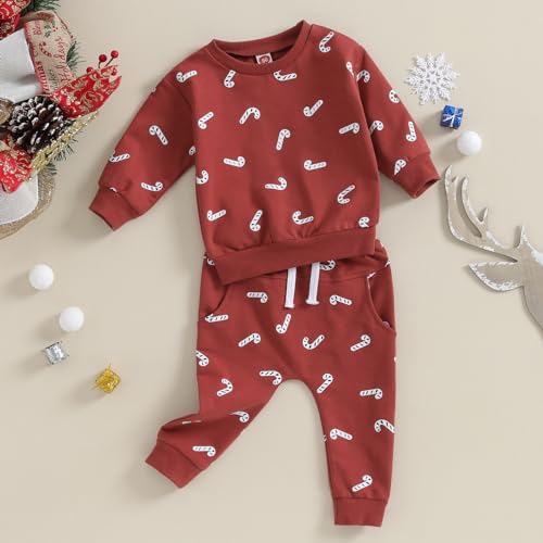 Amnnchya Infant Girl Boy Christmas Outfit Cane Print Sweatshirt Pant Toddler Baby Fall Winter Outfits Christmas Clothes (Red Cute, 2-3 Years) - Thumbnail 3