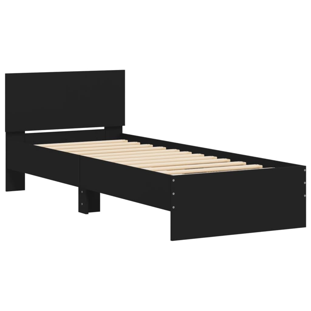 lite drewno z wezgłowiem na książki 90x200 cm czarny | Rama łóżka z wezgłowiem 90x200 czarna z listwami, solidna stelaż do sypialni, lite drewno i płyta meblowa