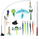 iParaAiluRy Katzenspielzeug Feder 13 Stück Interaktives Katzenspielzeug mit Starkem Saugnapf - mit Versenkbare Katzenangel mit Federn mit Glocken Ratte/Fisch/Wurm Ersatz