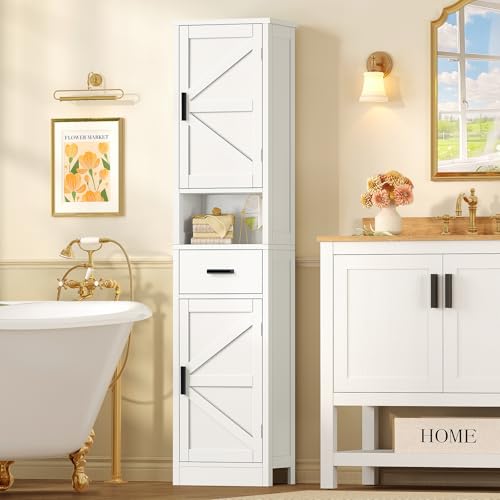 Image of TEENFON 67 inch H Bathroom Storage Cabinet with Barn Doors & Adjustable Shelves, Bathroom Cabinet with Drawer, Narrow Bathroom Storage Unit, Floor Cabinets for Living Room, Kitchen, White