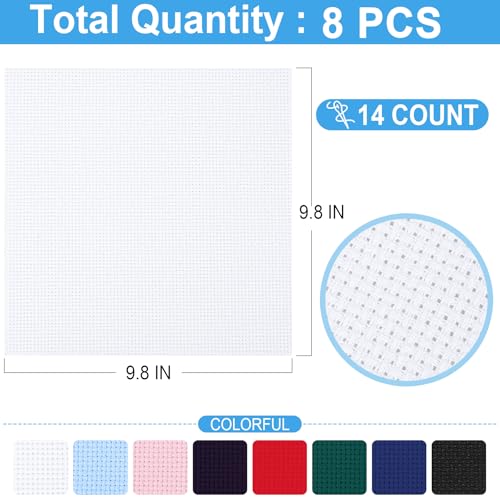 Image of 8 PCS Cross Stitch Aida Fabric 14 Count, 8 Colors 9.8 by 9.8 Inch, Classic Reserve Cross Stitch Aida Cloth for Home DIY Embroidery Decoration, Colorful