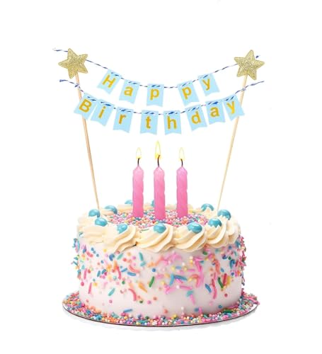 Image of Happy Birthday Cake Topper Birthday Decorations Items Blue with Golden Alphabet Cardstock Banner With Ribbon For Kids(Pack of 1,Blue)